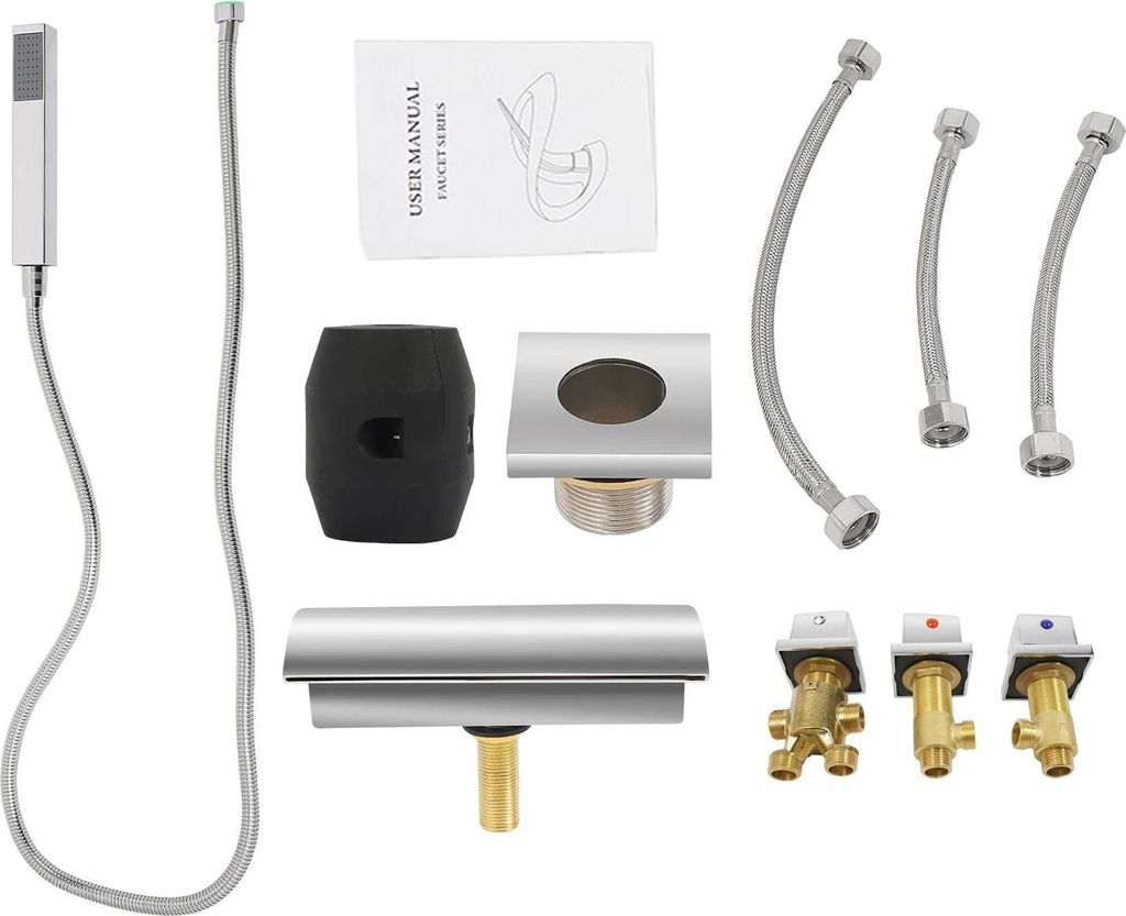 Wasserfallarmatur - Waschtischarmatur Set - Deckmontage - Wasserfall-Auslauf - Handbrause 24 cm - Ventilkern aus Messing - Modernes Design - Silber