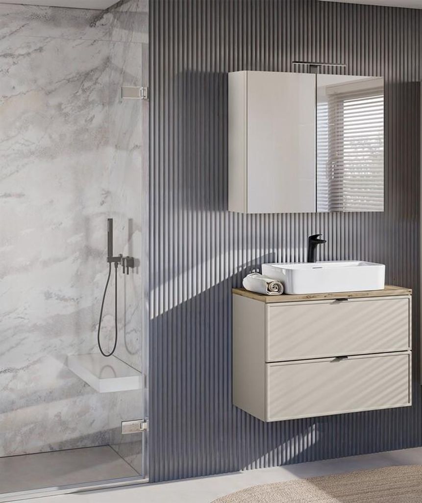 MONTIERT Badmöbel Set mit Waschbecken BELLA CASHMERE 80 cm MDF SOFT-CLOSE LED Waschtisch Spiegelschrank LED