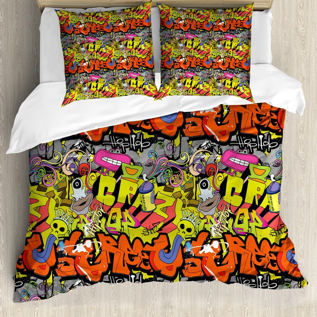 ABAKUHAUS Graffiti Bettbezug Set, Hip-Hop Funky Grunge Kultur Schädel Underground Illustration, 155 x 220 cm + 80 x 80 cm, Mehrfarbig