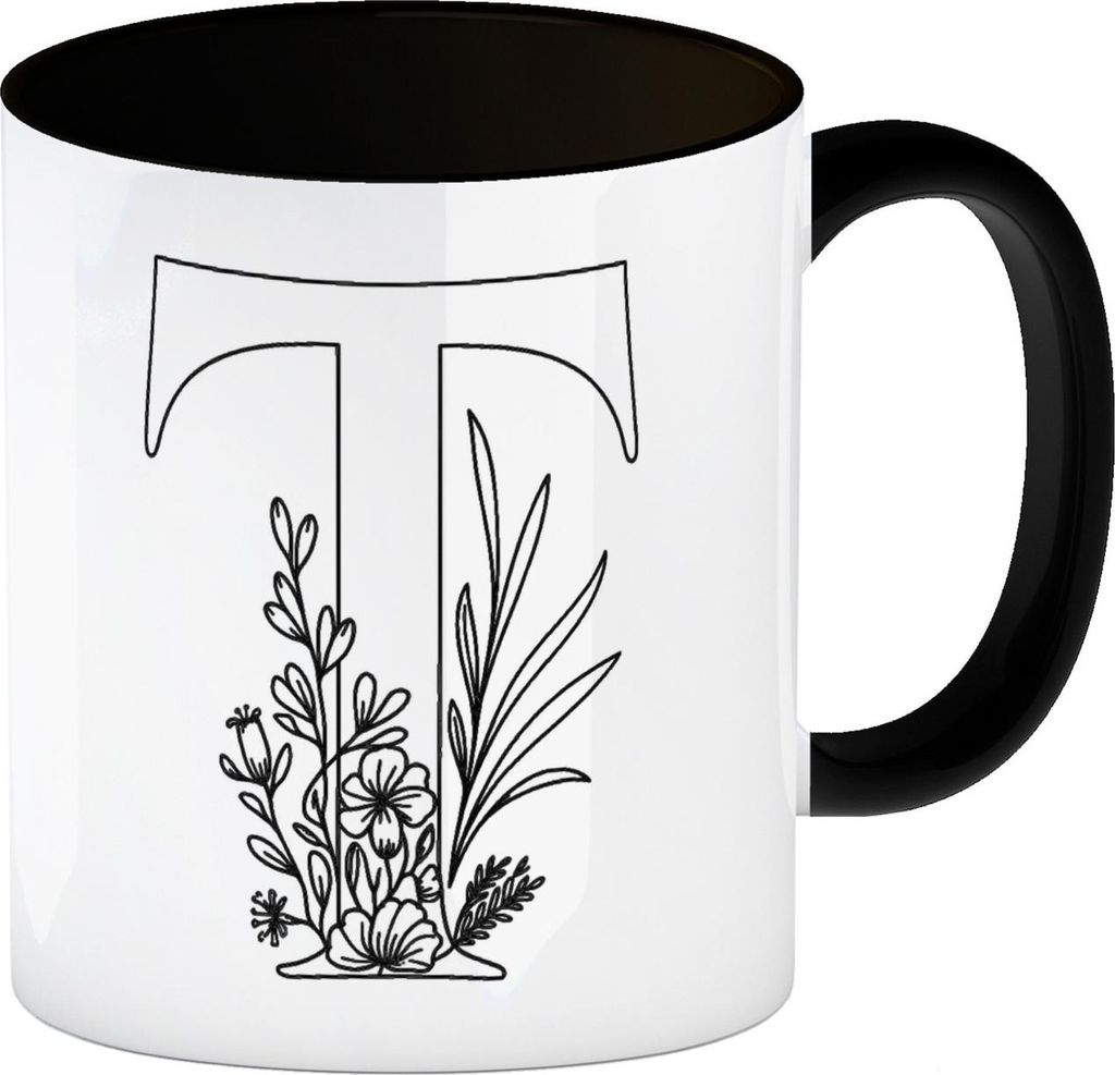 Floral Buchstabe T Kaffeebecher in schwarz zum Ausmalen für Kunstliebhaber