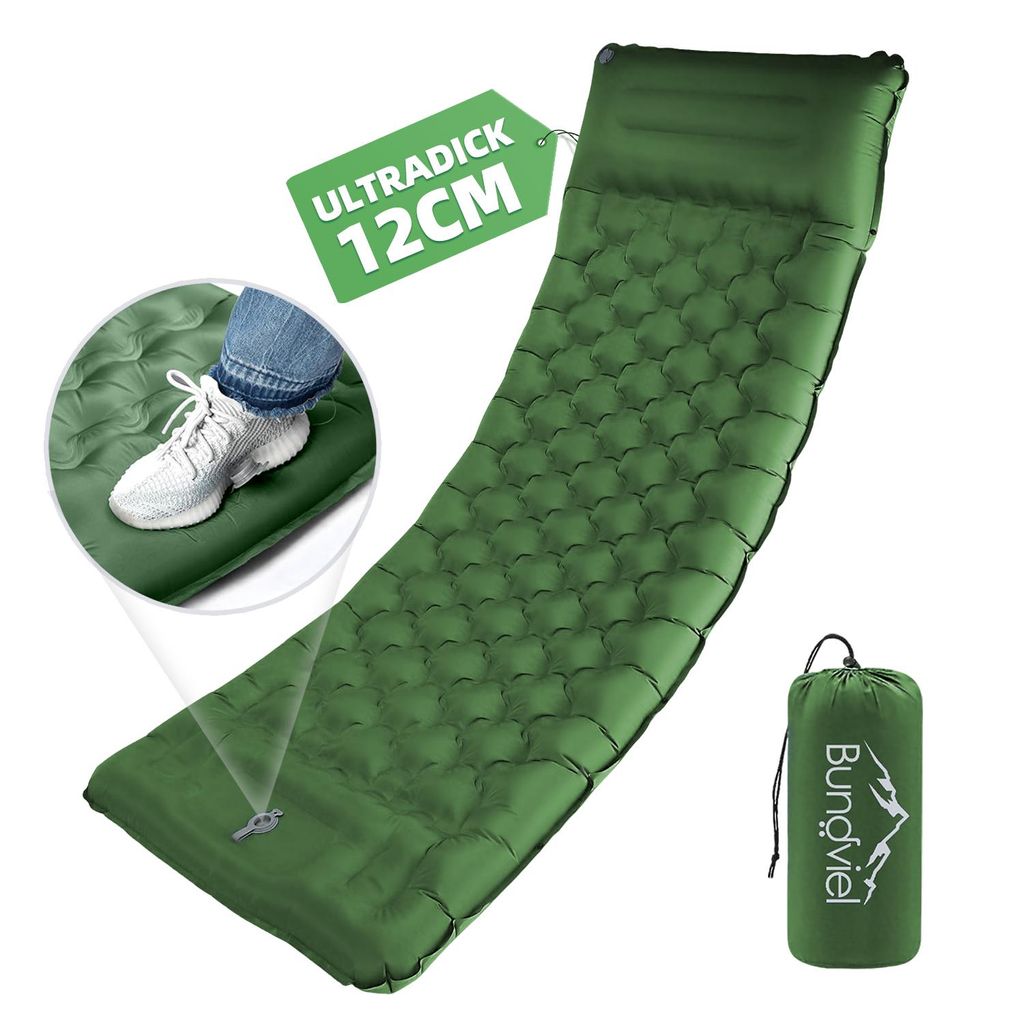 Isomatte Selbstaufblasend 12CM Luftmatratze Camping mit Fußpumpe Outdoor Isomatte Camping Ultraleicht Kleines Packmaß Schlafmatte Matratze Grün