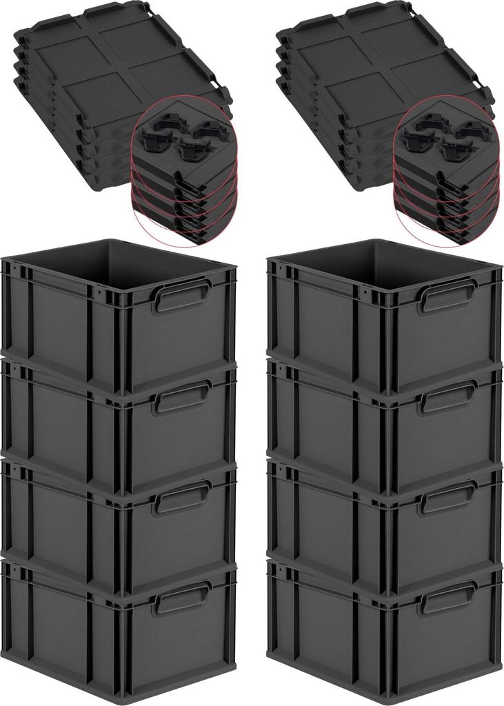SuperSparSet 8x Eurobox NextGen Grip mit Auflagedeckel inkl. 4 schwarzen Schiebeschnappverschlüssen | HxBxT 22x30x40cm | 20 Liter | Schwarz | Grif...