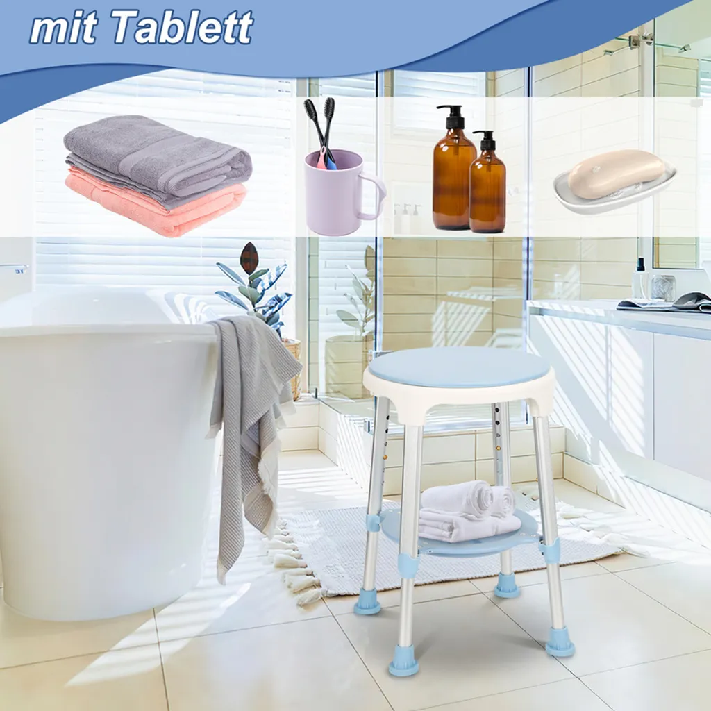 Fiqops Tabouret de douche pivotant 360° avec étagère, modèle Durable 45cm