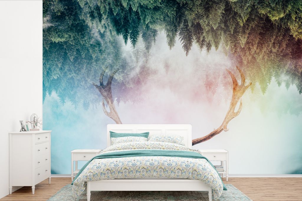 MuchoWow Fototapete für Wohnzimmer oder Schlafzimmer Wandtapete Vinyl Motivtapete Hirsch - Geweih - Wald - Nebel - 360x240 cm - Vinyl-Tapete