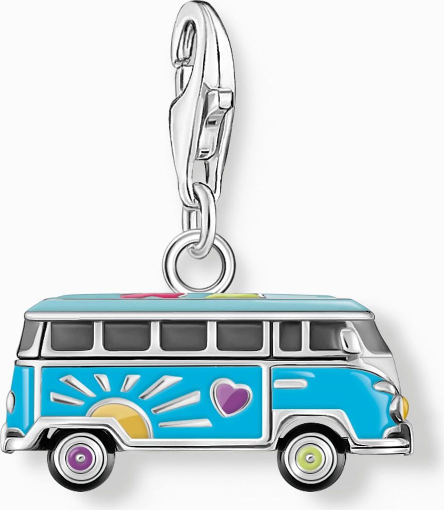 A silver charm in the shape of a blue Volkswagen bus with colorful decorations.