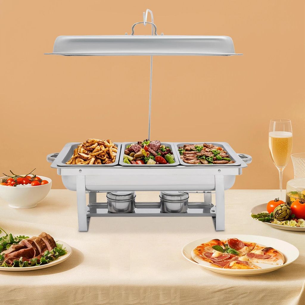 Chafing Dish Buffetwärmer - Speisenwärmer - 3 x 3 L Schalen - Edelstahl 410 - Rechteckig - Silber