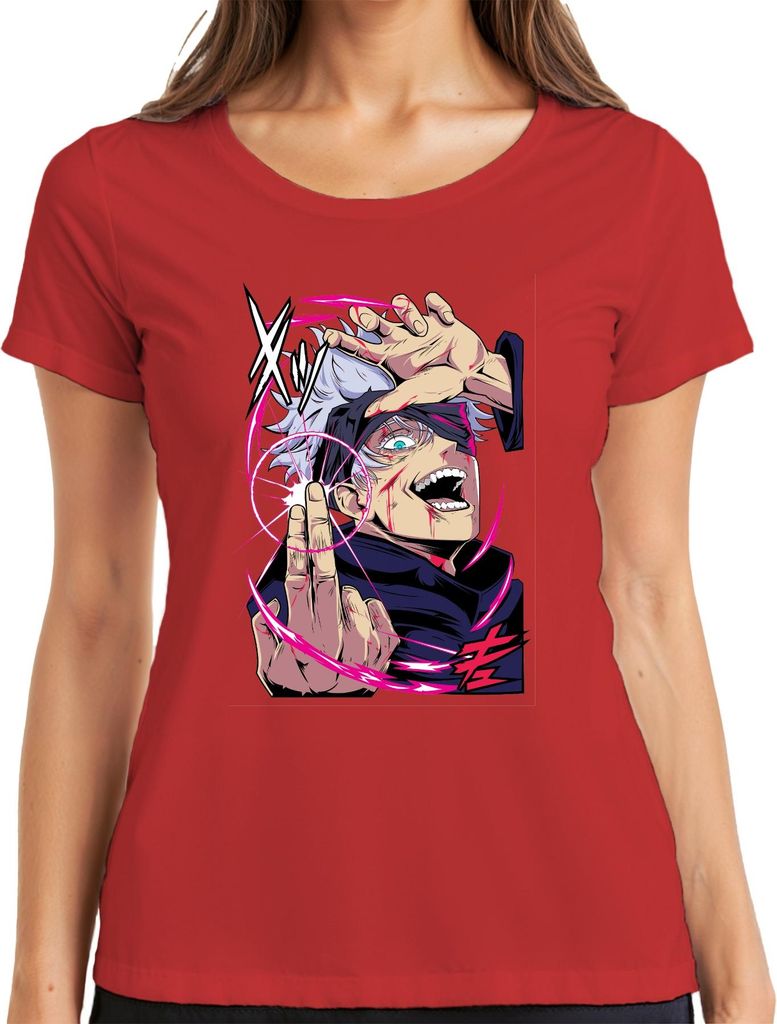 Jujutsu Kaisen Gojo weißes Haar Augenbinde Energiekreis Anime Damen T-Shirt, Rot, S