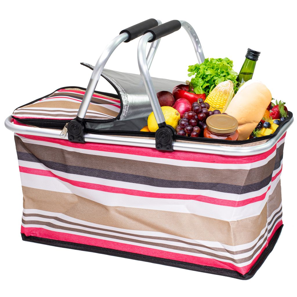 Thermo Picknickkorb Faltbar – Großer Isolierkorb als Einkaufskorb & Kühltasche 30L rosa streifen