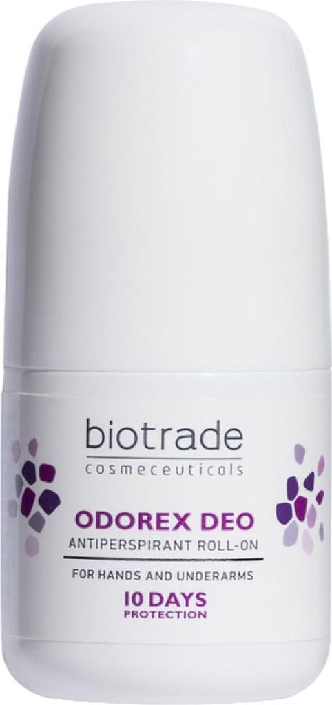 A white roll-on antiperspirant bottle with purple accents and text.