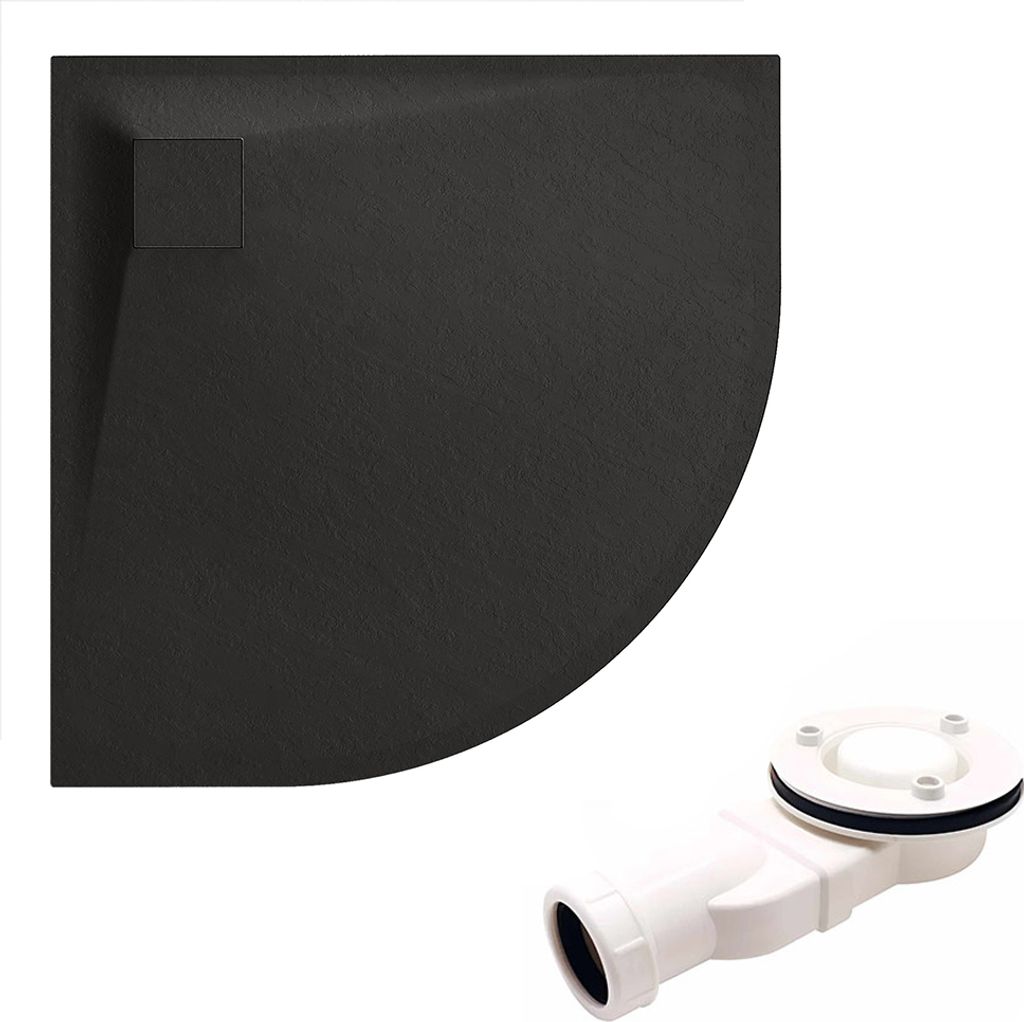Duschwanne Halbrund 80x80x3,2 SMC Steinoptik, Ablaufgarnitur im SET, Anti-Rutsch, Verbundwerkstoff, Schwarz | BADLAND VIDAR