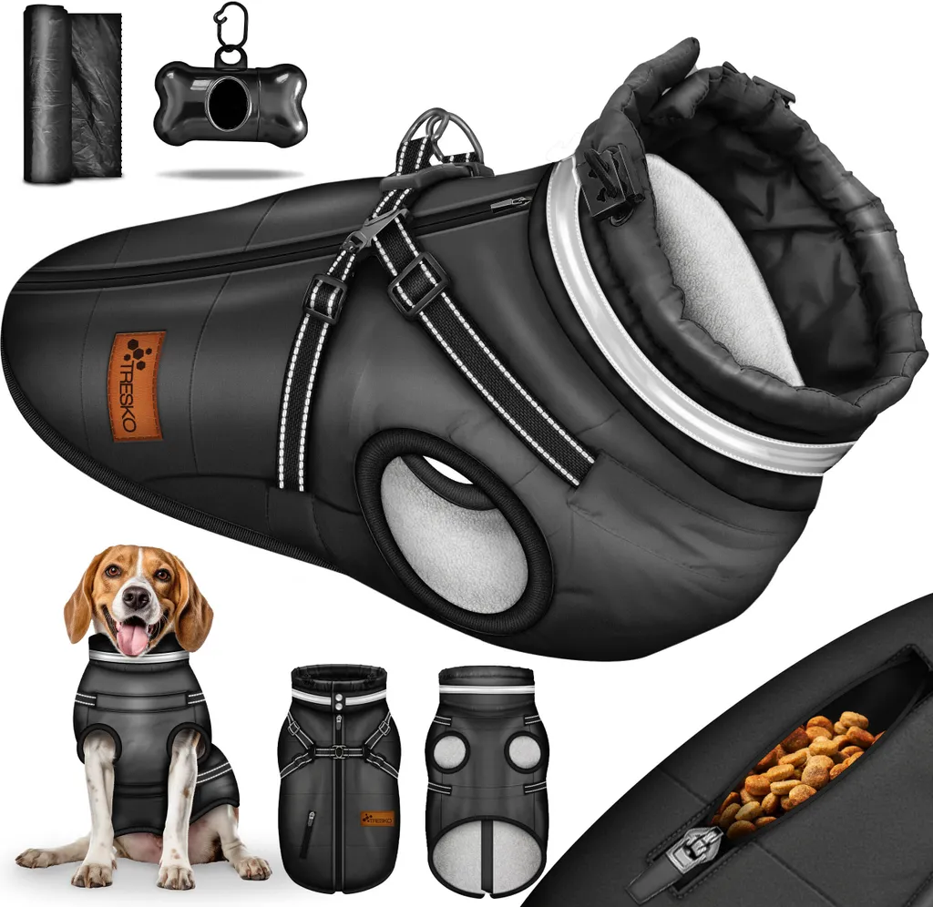 TRESKO® giacca per cani nera / taglia XL invernale con catarifrangenti incl. 15 sacchetti per la cacca + dispenser | mackintosh per cani impermeabile | cappotto per cani incl. pettorina | gilet invernale per cani foderato