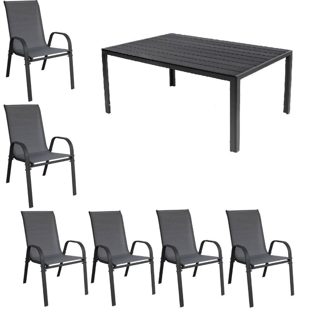 Gartenmöbel Set Alu Tisch 7-tlg. 6x Stapelsessel Essgruppe Sitzgruppe Gartenset anthrazit