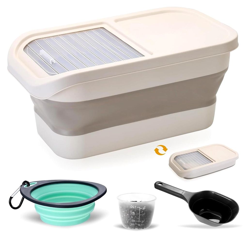 Futtertonne zur Aufbewahrung von Hundefutter 5 kg, Klappbarer Behälter für Katzenfutter, Futterbox für Haustiere mit Deckel, Faltbarer Reisbehä...