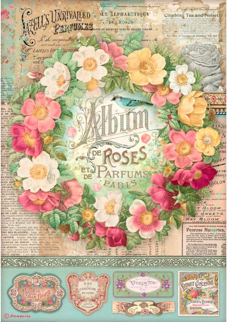 Stamperia Motiv Strohseide Album of Roses A4 28g/qm Bastelpapier Dekopapier