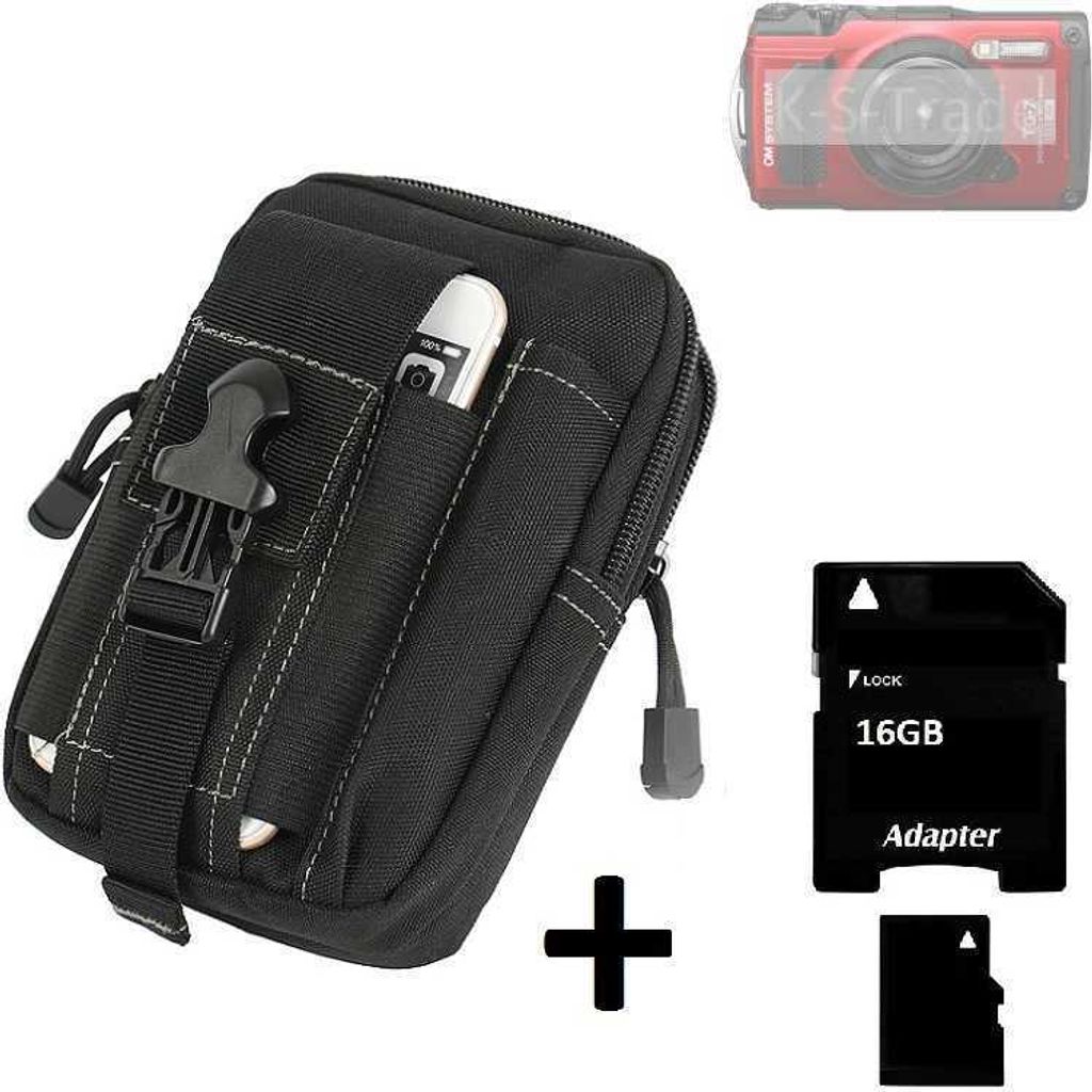 Kompatibel mit OM System Tough TG-7 Gürteltasche / Holster schwarz Schutz Hülle Kameratasche Fototasche Case Bag + 16 GB Memorycard Extrafächer,