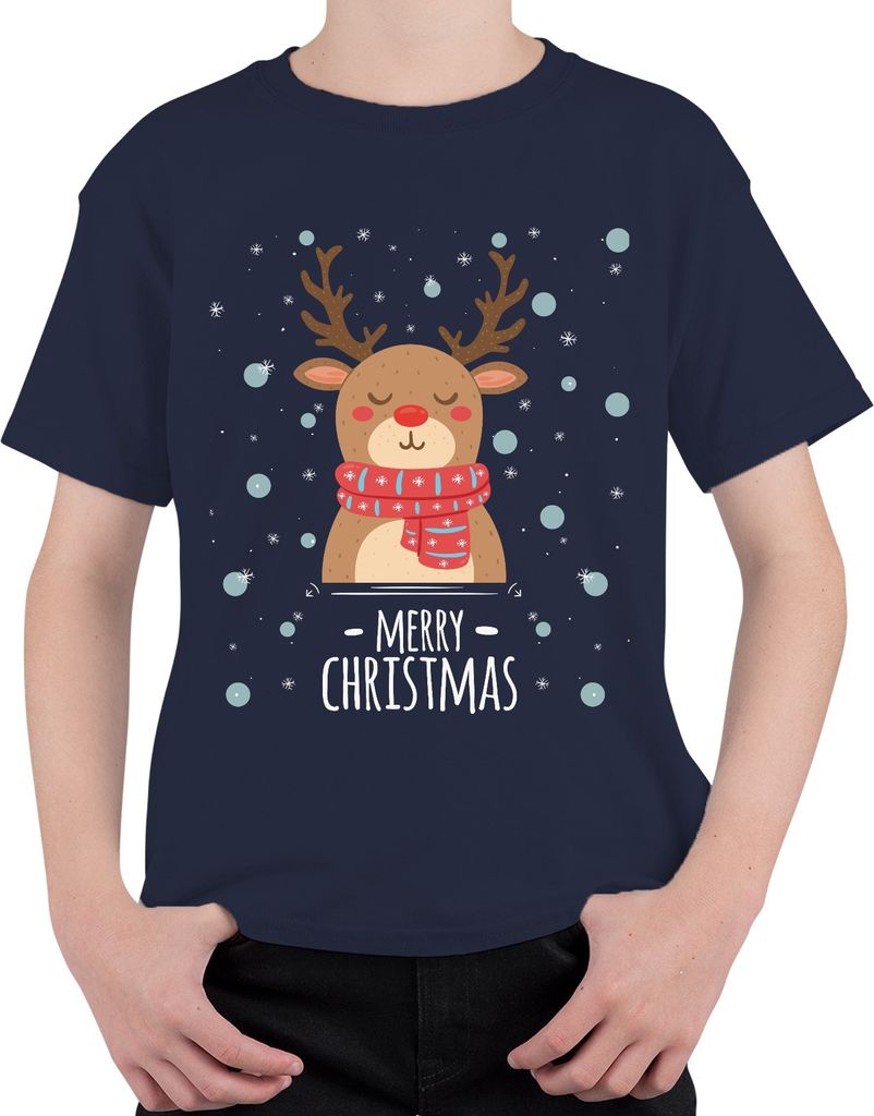 Merry Christmas Rentier Schnee - Weihnachten Weihnachtsgeschenk Christmas Uni Kinder T-Shirt, Navy, 152