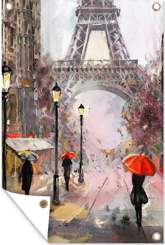 MuchoWow 60x90 cm Outdoor-Poster Gartendeko Sichtschutz Garten Poster für den Garten Gemälde - Paris - Eiffelturm - Regenschirm - Ölgemälde