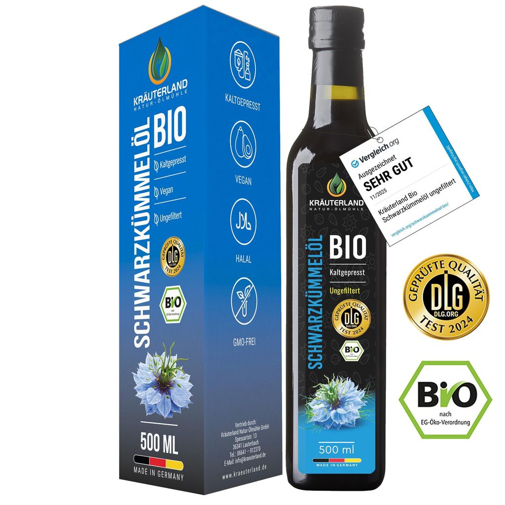 Kräuterland Premium Schwarzkümmelöl, 500ml ungefiltert, Produktbild 