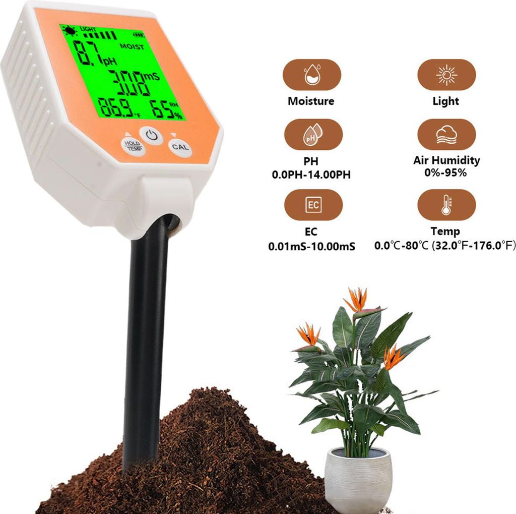 6 in 1 Soil Meter Digital PH Tester Soil Humidity Plant Temperature Sunlight Intensity EC PH Meter for Garden Lawn Plant Care