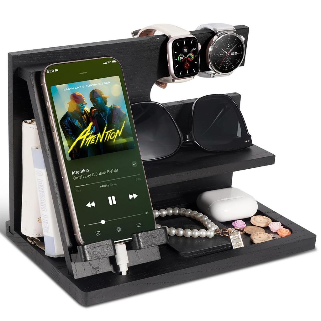 Geschenk für Männer – Holz Handyhalter mit Schlüsselablage, Schreibtisch Organizer für Büro & Schlafzimmer, für Schlüssel & Uhr