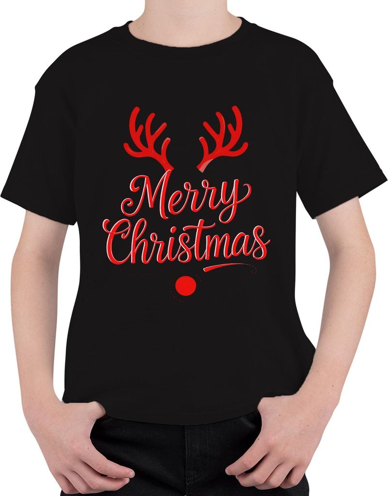 Merry Christmas Rentier Rudolph Weihnachten Festlich Lustig Retro Uni Kinder T-Shirt, Schwarz, 116