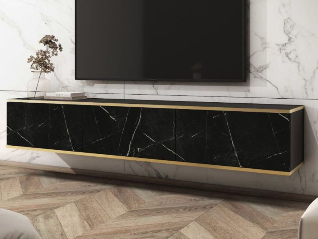 GrainGold TV-Schrank Diolo - Hängende RTV-Schrank, Breiter TV-Tisch, Lowboard, Stilvoller RTV-Schrank - TV-Schrank Schwarzer Marmor