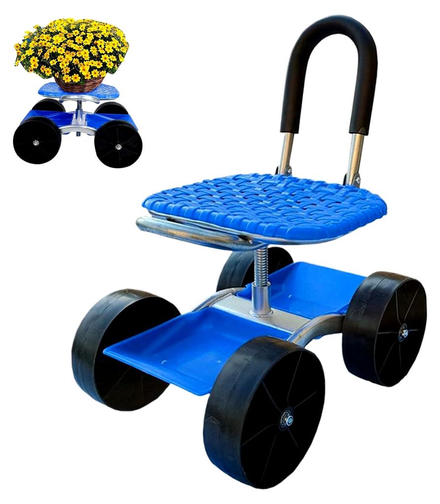 Rollbarer Gartensitz | Höhenverstellbarer Robuster Roll-Arbeitsplatz für den Garten, Verstellbares Tablett mit Aufbewahrungskorb für ältere Per...