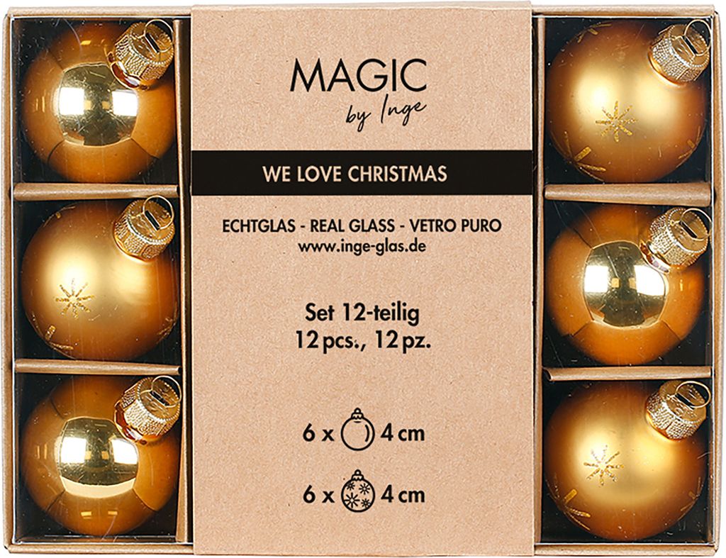 Weihnachtskugeln Glas 4cm Schneeflocken Motiv 12er Set Inkagold