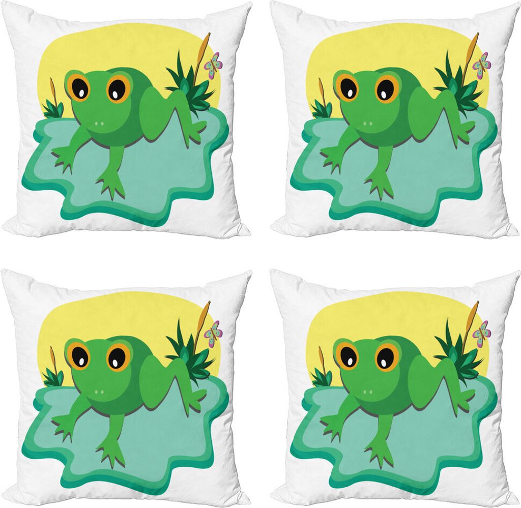 ABAKUHAUS Frösche Kissenbezug Set (4 Stück), Tier und Schmetterling auf Teich, Moderner Doppelseitiger Digitaldruck, 45 cm x 45 cm, Mehrfarbig