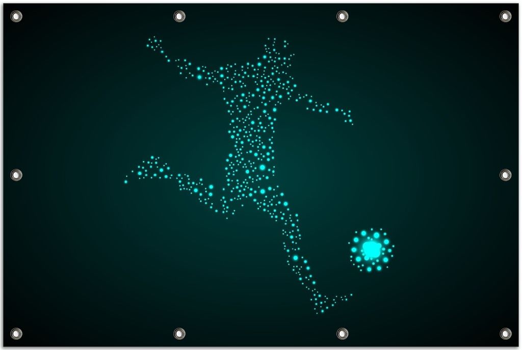 Wallario Outdoor-Poster für Garten oder Balkon, Motiv Fußball - ein Spieler aus tausend Sternen in türkis, in ca. 80 x 120 cm