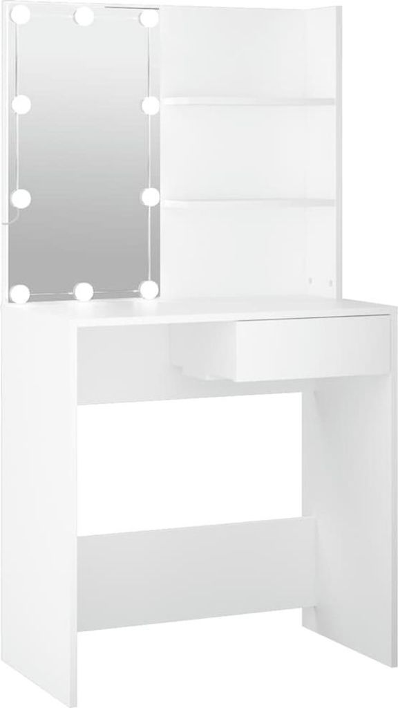 A white vanity table with a mirror and LED lights.