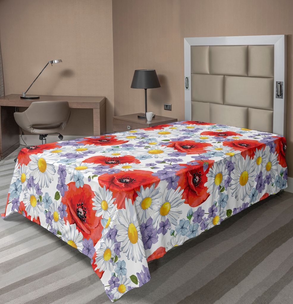 ABAKUHAUS Blume Bettlaken, Lila Blumen Mohn Und Gänseblümchen Sommer Natur Wildblumen Grafik, weiches bequemes oberes Bettlaken für ein dekorati...