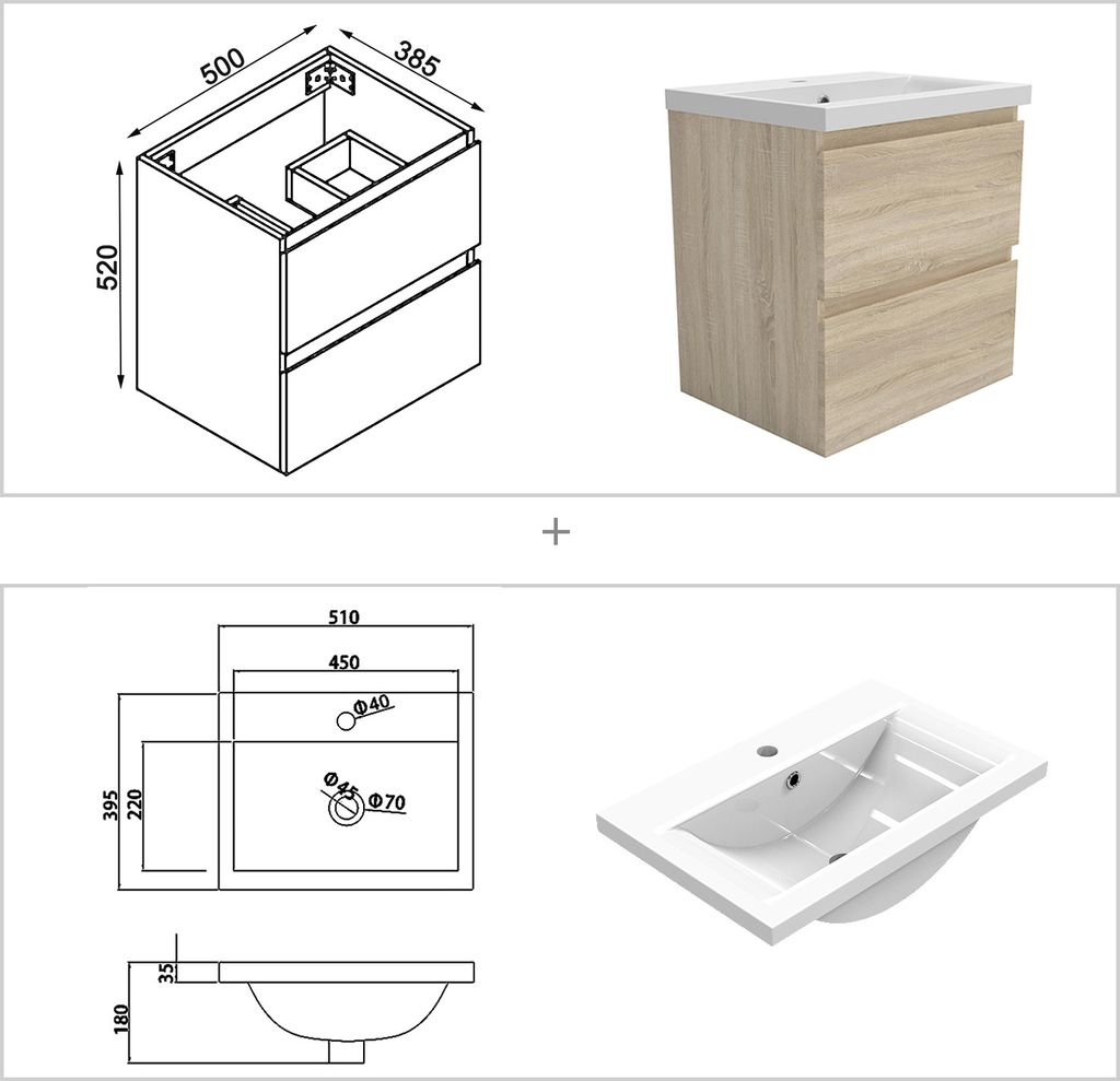 Waschtisch mit Unterschrank 50 cm Waschbecken Keramik mit Produktbild 6