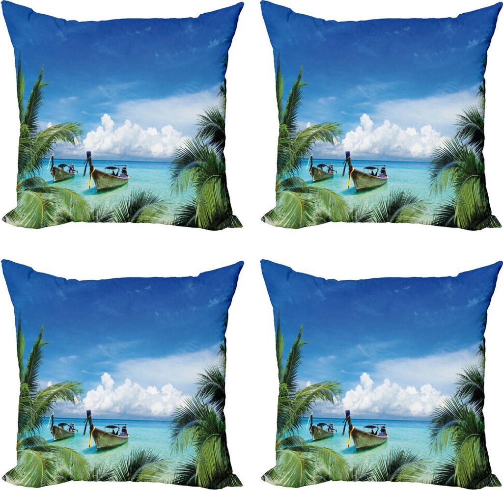 ABAKUHAUS Reise Kissenbezug Set (4 Stück), Palm Beach Fischerboote, Moderner Doppelseitiger Digitaldruck, 60 cm x 60 cm, Blau, Grün, Türkis