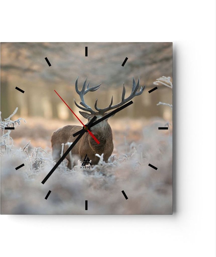 Wanduhr - Quadrat - Glasuhr - Hirsch Wald Natur - 40x40cm - Schleichendes Uhrwerk - Lautlos - zum Aufhängen bereit - Dekoration Modern - Wanddekor...