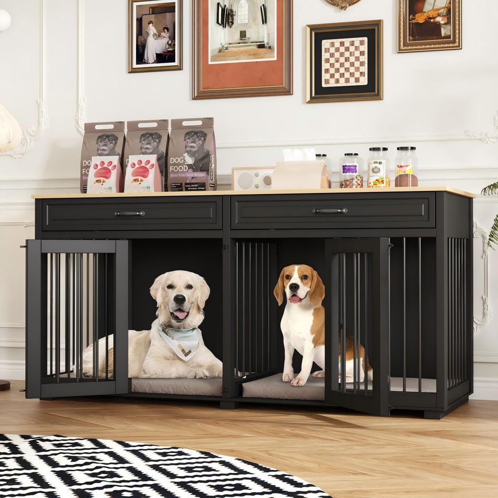 Große Hundebox für den Innenbereich, XXL Hundebox mit 2 Türen und 2 Schubladen, Schwarz, MDF+Metall, 164 x 80 x 60 cm