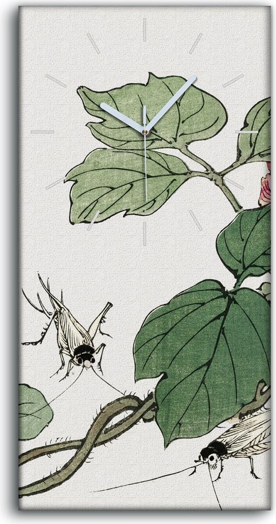 Wanduhr Bürouhr Leinwand Bild 30x60 Malerei Asiatische Blüten Blätter Insekten - weiße Hände