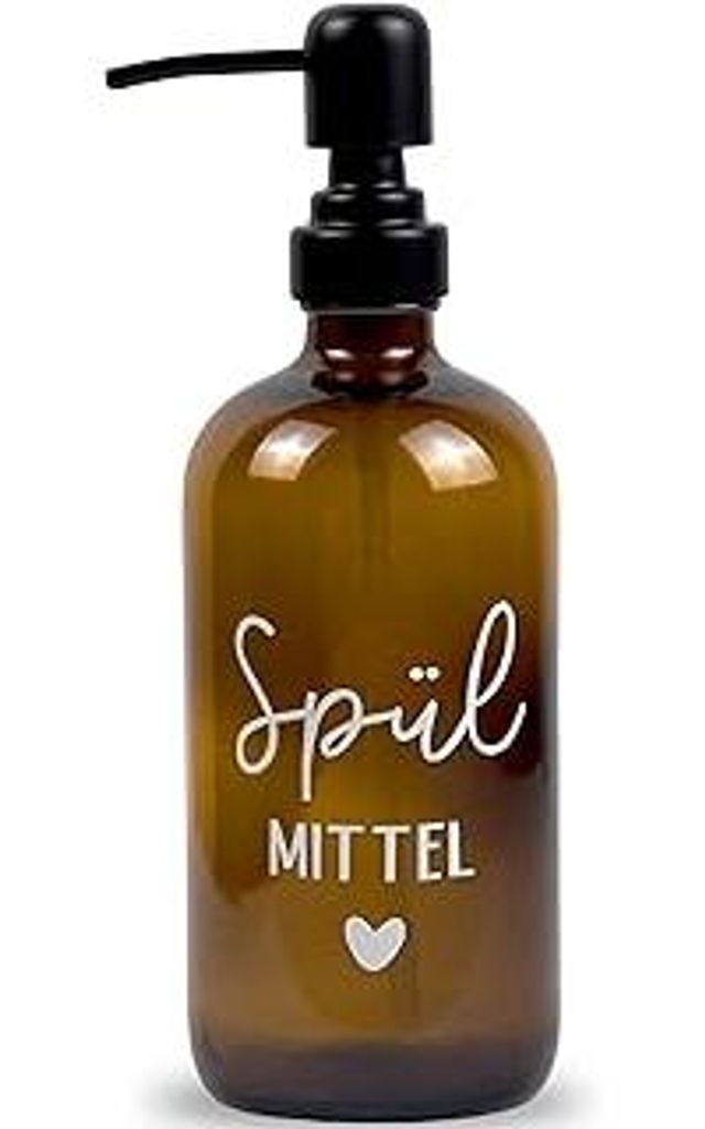 Glas Seifenspender 500ml - Schwarzer Pumpspender, Spülmittelspender für Küche. Handseifenspender für Badezimmer (Braun, Spülmittel mit Metalls...