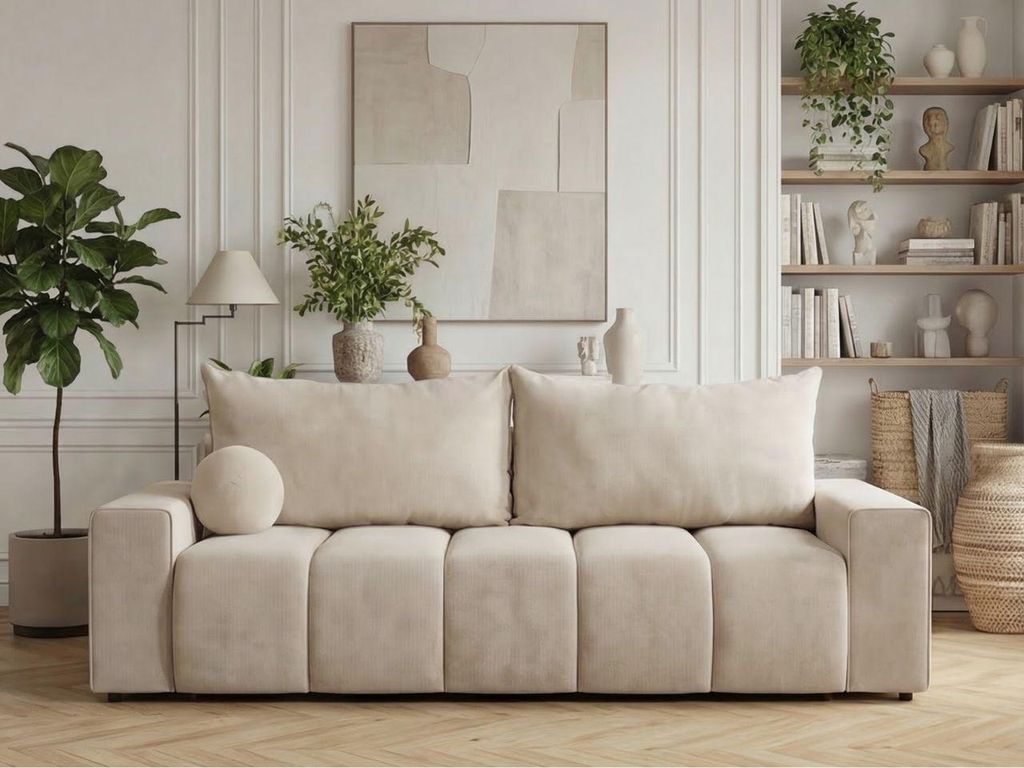 GrainGold Schlafcouch Miro - Sofa mit Schlaffunktion und Bettkasten - Schlafsofa, Klappsofa, Polstersofa - Schlafcouch Beige (Komodo 11)