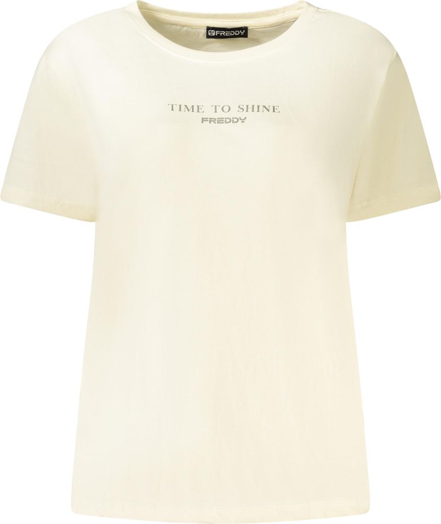 Weißes Damen T-Shirt mit weitem Ausschnitt und Print-Design.