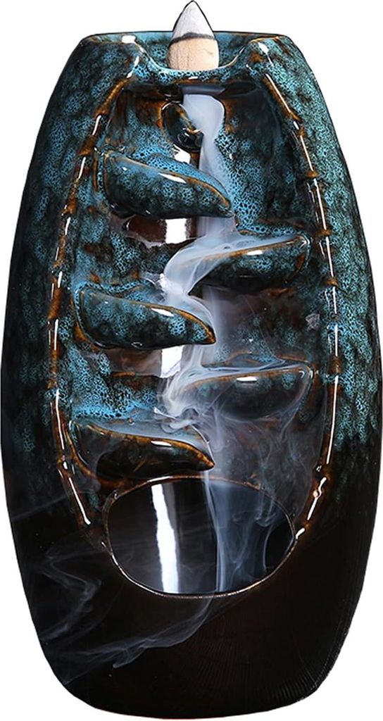 Wasserfall Räucherstäbchenhalter Keramische Rücklauf mit 60 Räucherkegeln - Groß Blau Neu für Home Office Yoga Aromatherapie