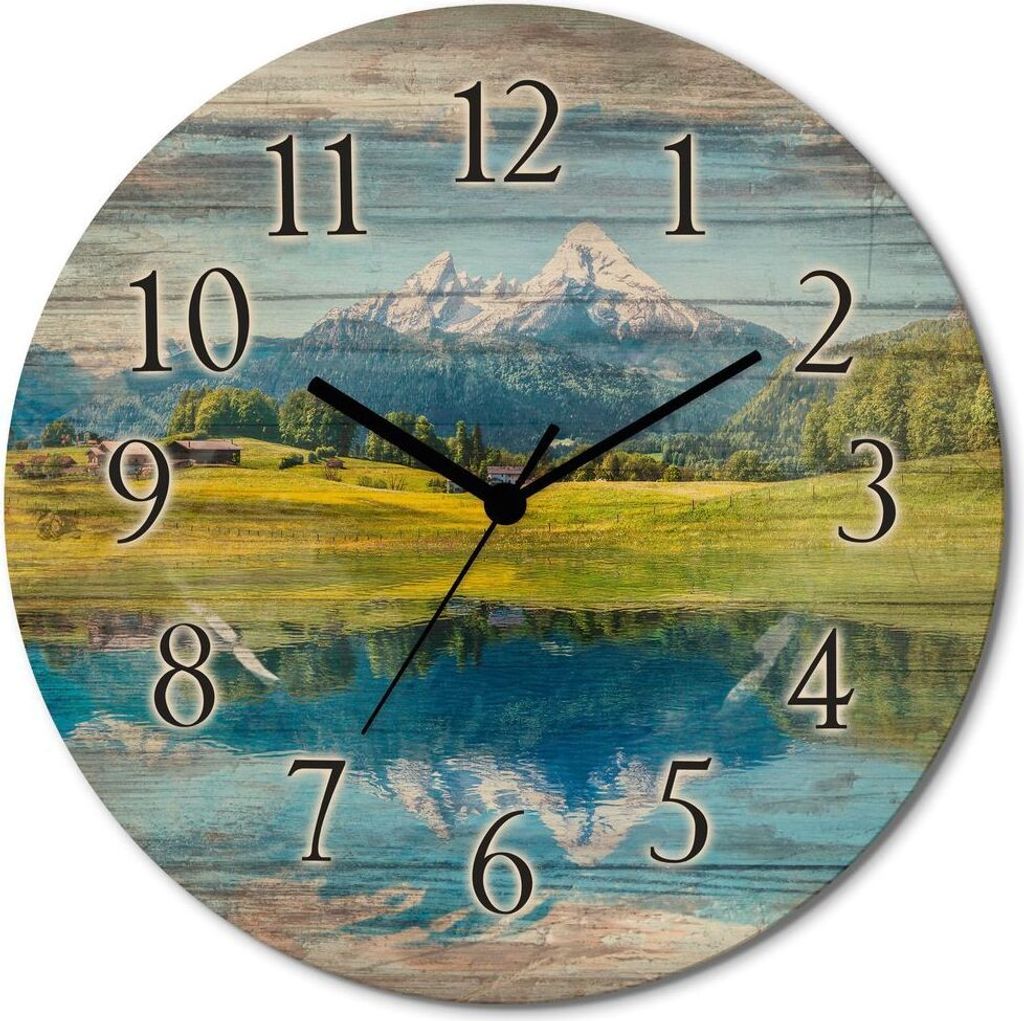 ARTland Holz Wanduhr Quarzuhr - schwarzer Zeiger Landschaft in den Alpen Größe: 30x30 cm
