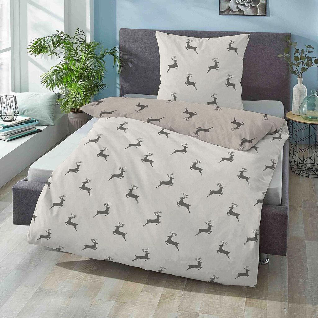 Biberna Melange-Flanell Bettwäsche Hirsche klein, Größe 1x 135x200 cm + 1x 80x80 cm, kitt