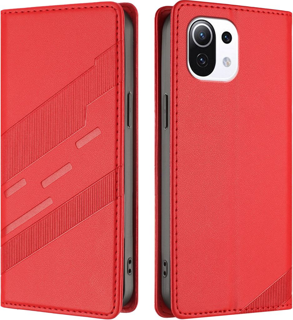 Hülle für Xiaomi Mi 11 Lite/Mi Xiaomi 11 Lite 5G Ne, Kunstleder Brieftaschen Handyhülle mit Kartenfach und Standfunktion Rot