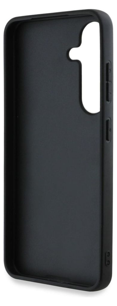 A black phone case is shown from the inside, with cutouts for the camera and buttons visible.