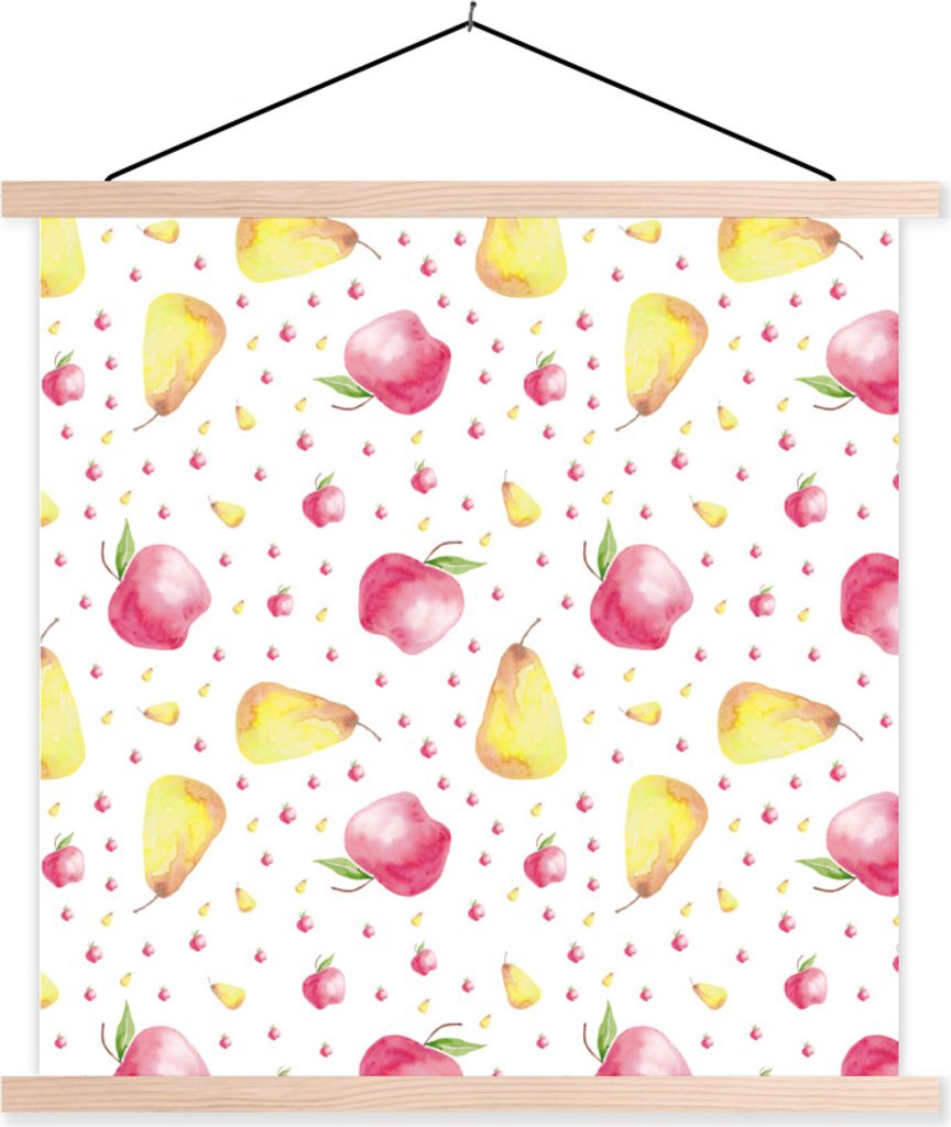 MuchoWow Textilposter Birnen - Äpfel - Aquarell 120x120 cm mit holzfarbenen Rahmen - Textil-Poster