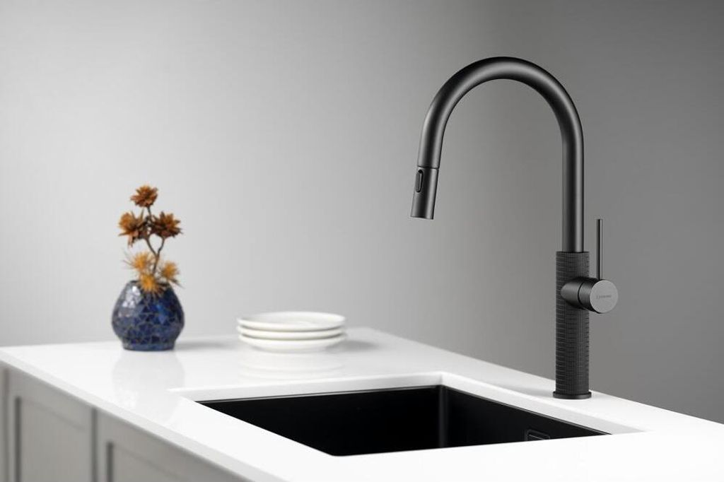 A black kitchen faucet is shown on a white countertop next to a sink.