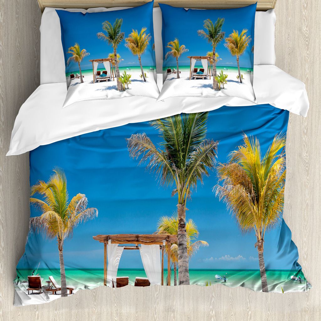 ABAKUHAUS Tropisch Bettbezug, Ozean-Küstenlinie Ferien, Milbensicher Allergiker geeignet mit Kissenbezügen, 155 cm x 220 cm - 80 x 80 cm, Mehrfarbig