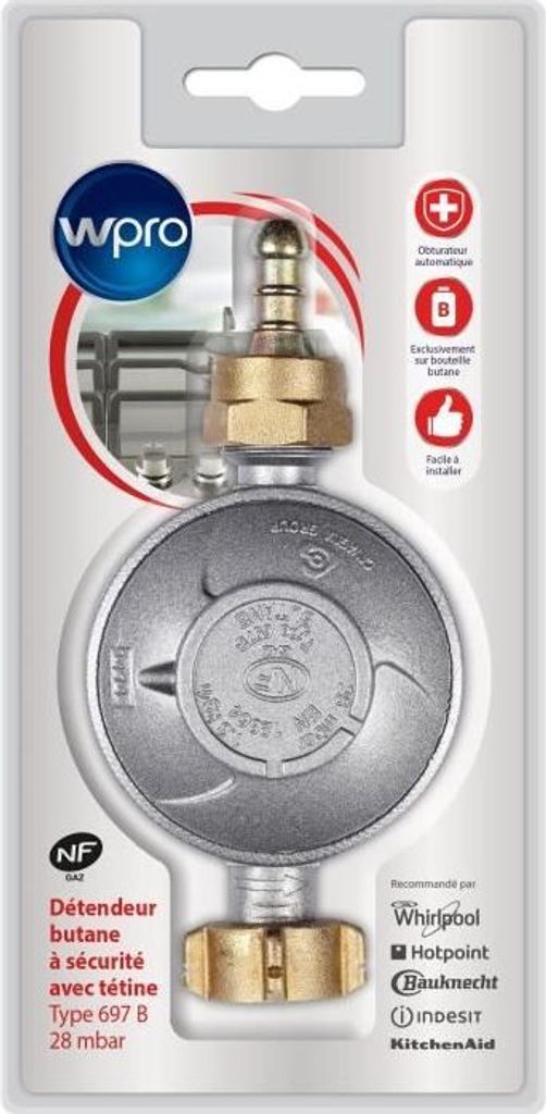 Wpro Butan-Regler DBB028 28 mbar mit M20x1,5 Auslass und Überströmsicherung