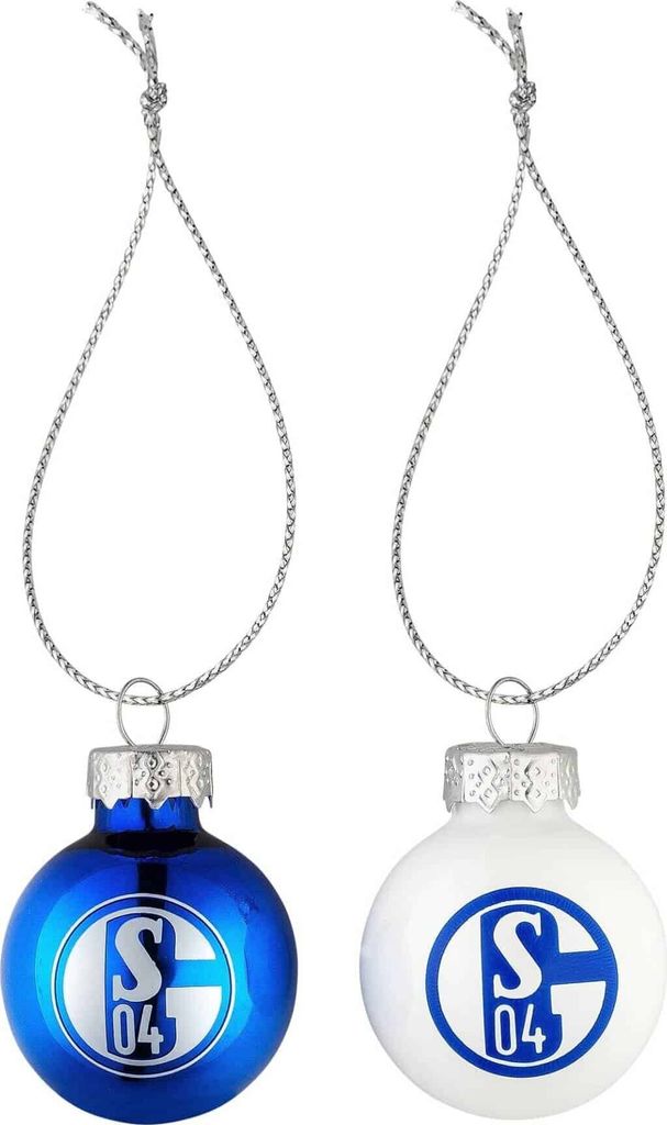 Two Christmas ornaments, one blue and one white, with the FC Schalke 04 logo.